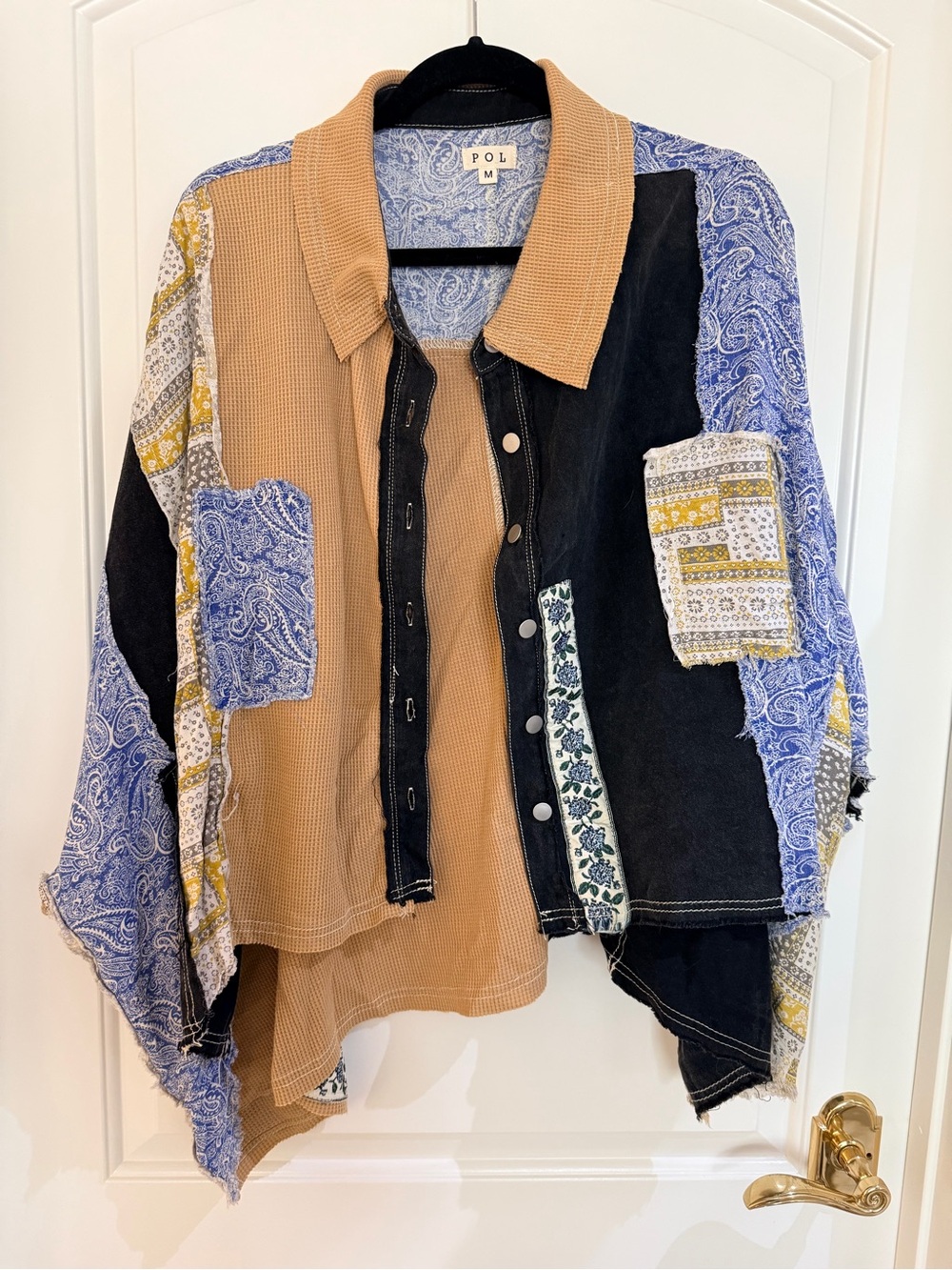 POL Patchwork Shirt Jacket in Tan, Black & Blue Paisley